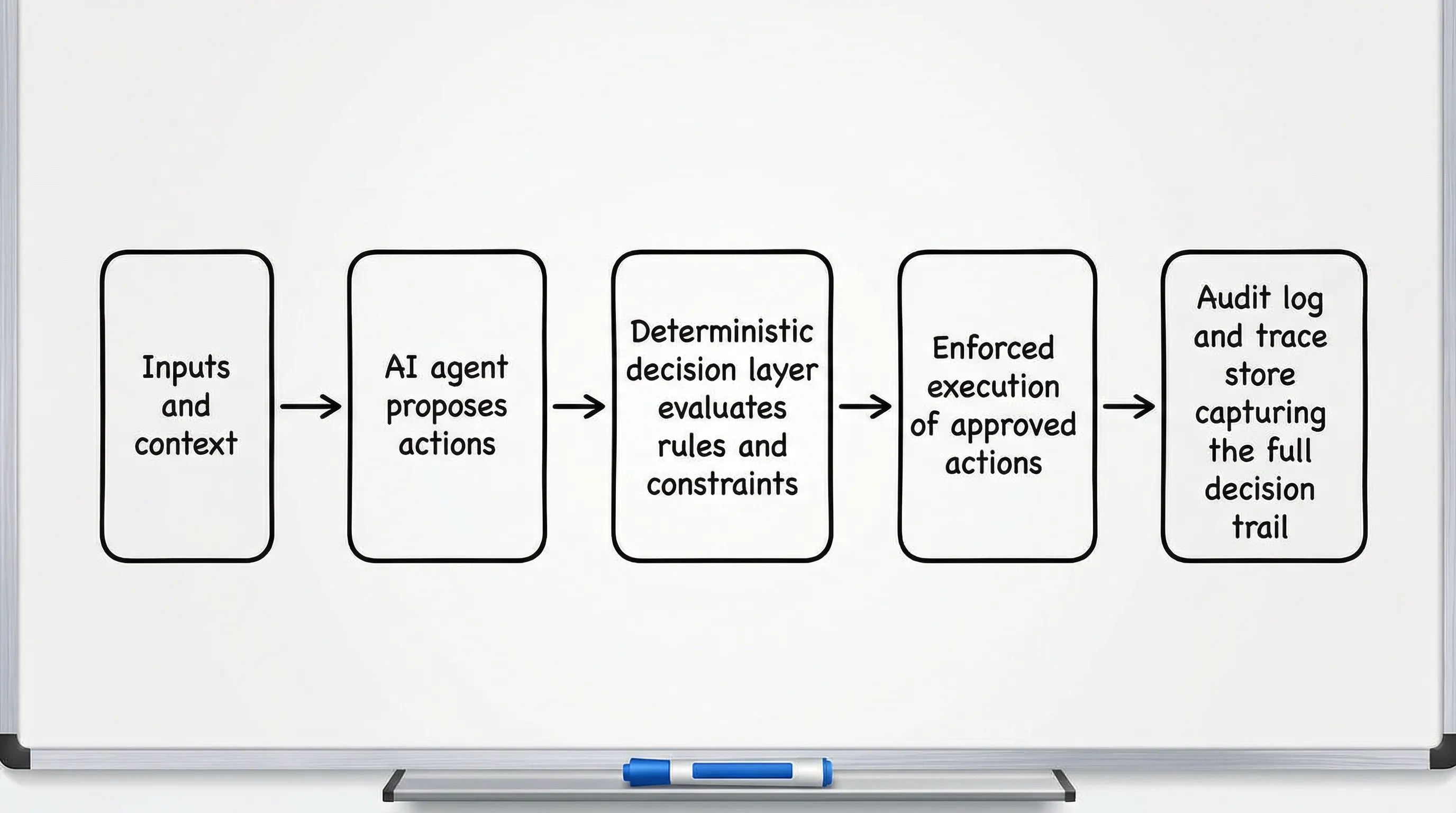 Simple reference architecture diagram with five labeled blocks connected left to right: Inputs and context, AI agent proposes actions, Deterministic decision layer evaluates rules and constraints, Enforced execution of approved actions, Audit log and trace store capturing the full decision trail.
